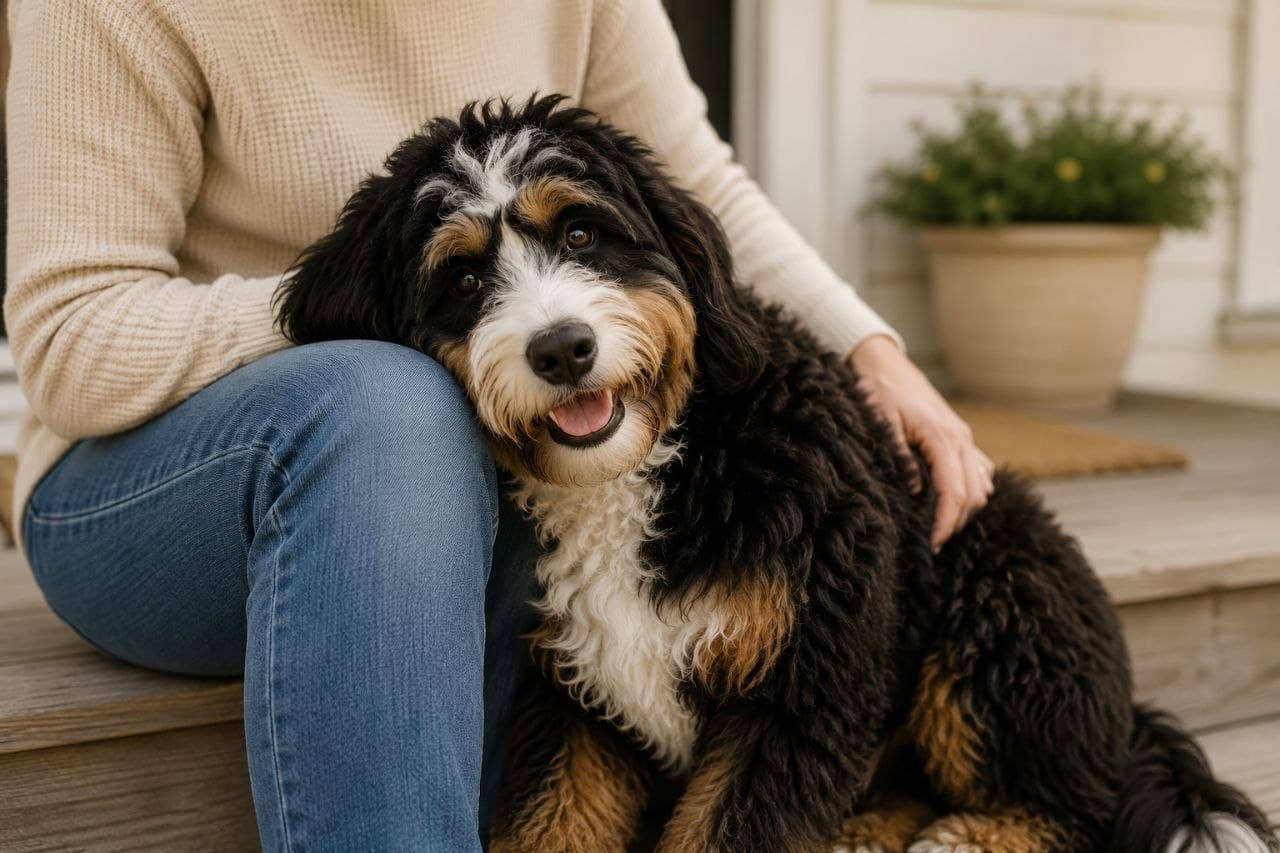 A Bernedoodle leaning affectionately against its owner on a front porch, showing the breed's close, velcro-dog attachment to their people